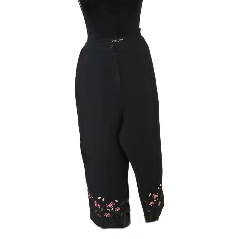 Larry Levine Sport Black Linen Blend Pink Embroidery Capri Pants Slacks Size 14